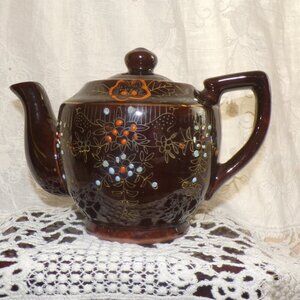 Vintage Japanese Red Ware Hand-painted  Teapot